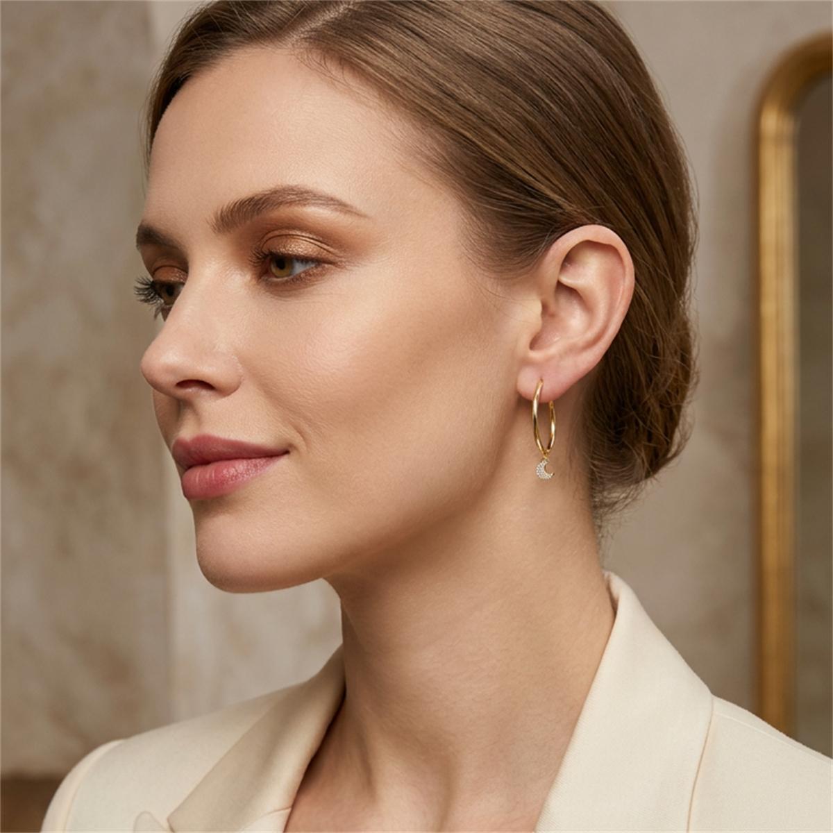 Moissanite Moon Charm Hoop Earrings