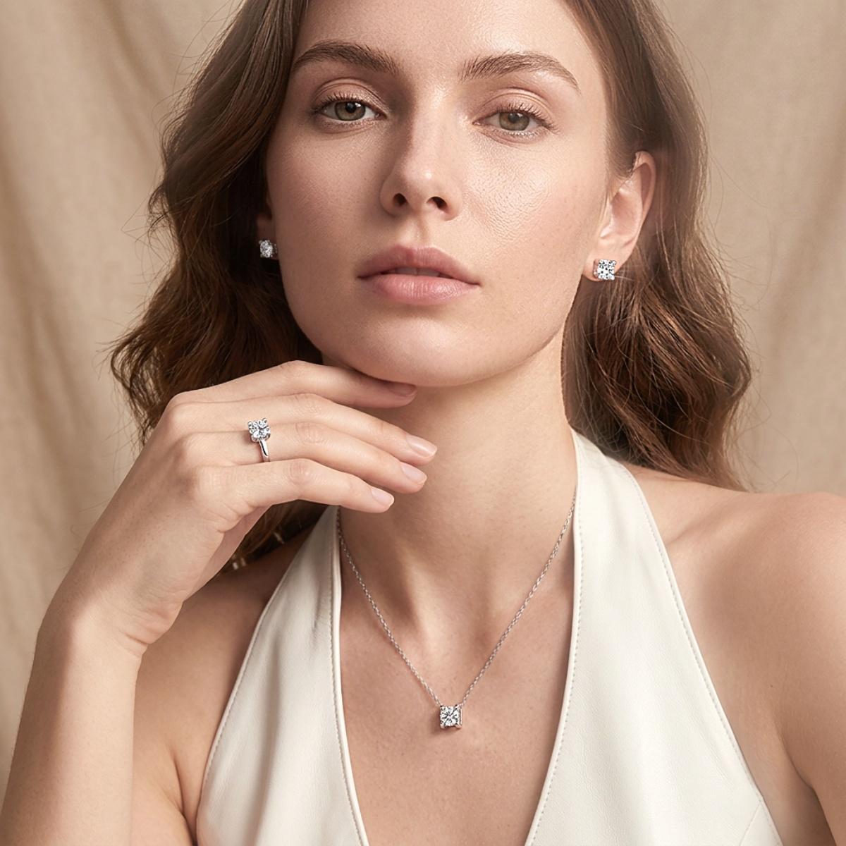 Moissanite 1ct Classic Solitaire Prong Jewelry Set Earrings Ring Necklace Set