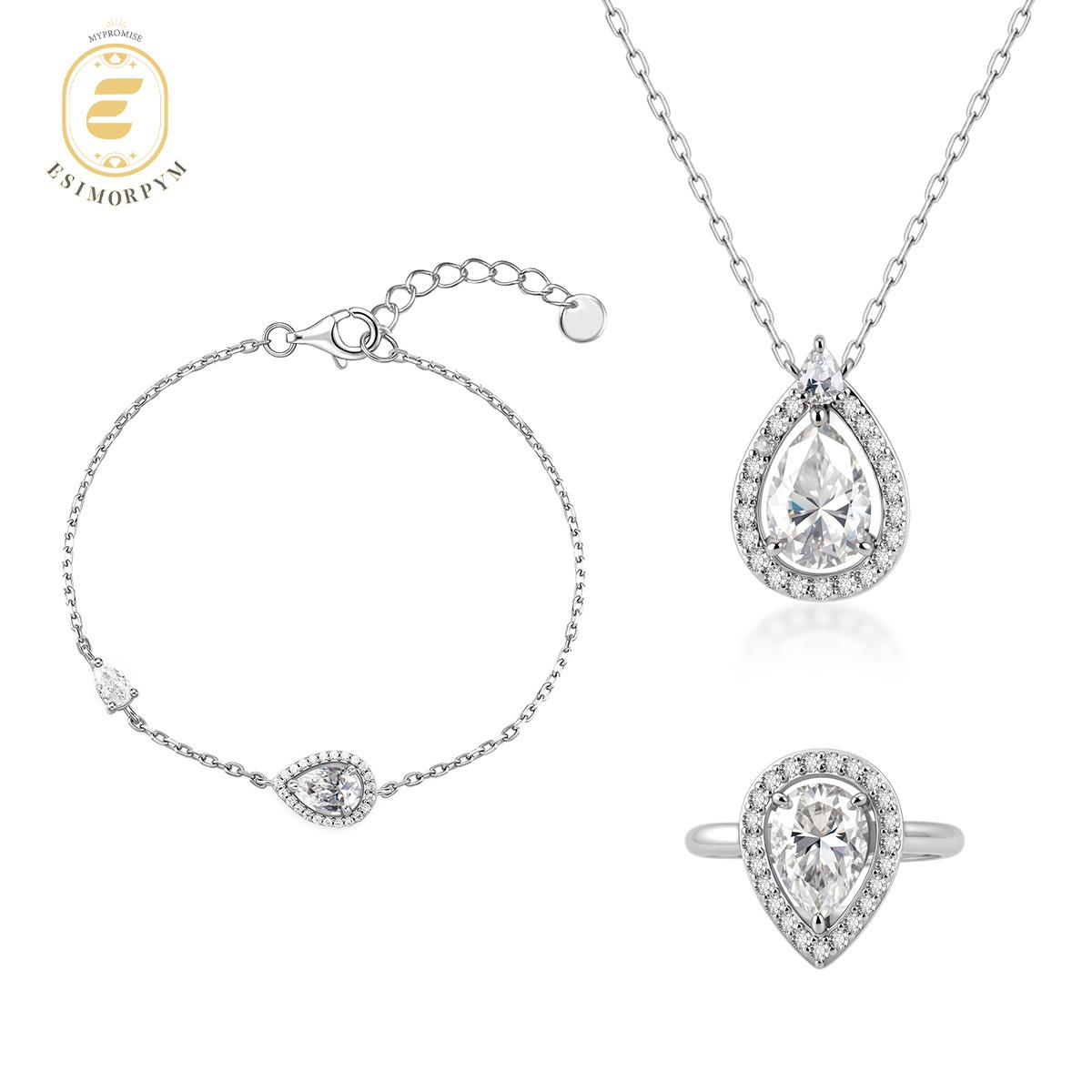 Moissanite Luminous Drop Halo Jewelry Set Elegant Pear Cut Ring Necklace Bracelet Trio Set
