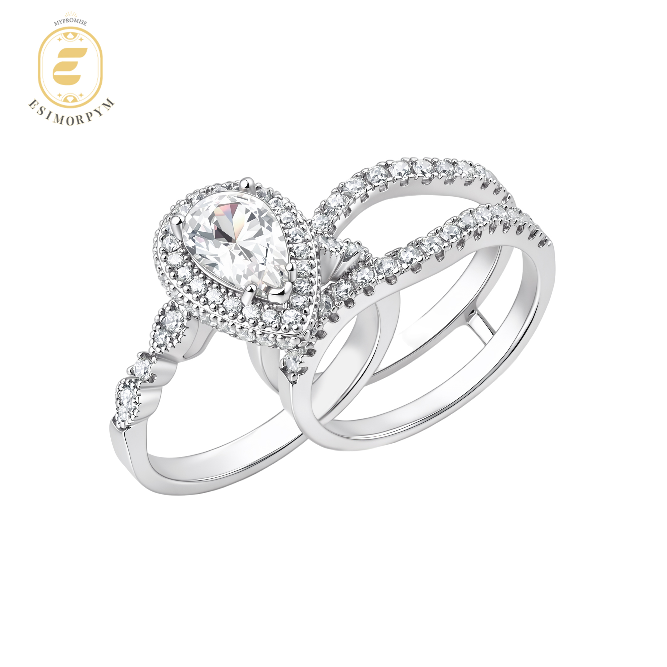 Moissanite 1.8ct-3.6ct Complete Love Pear Crown Bridal Ring Detachable Ring Set