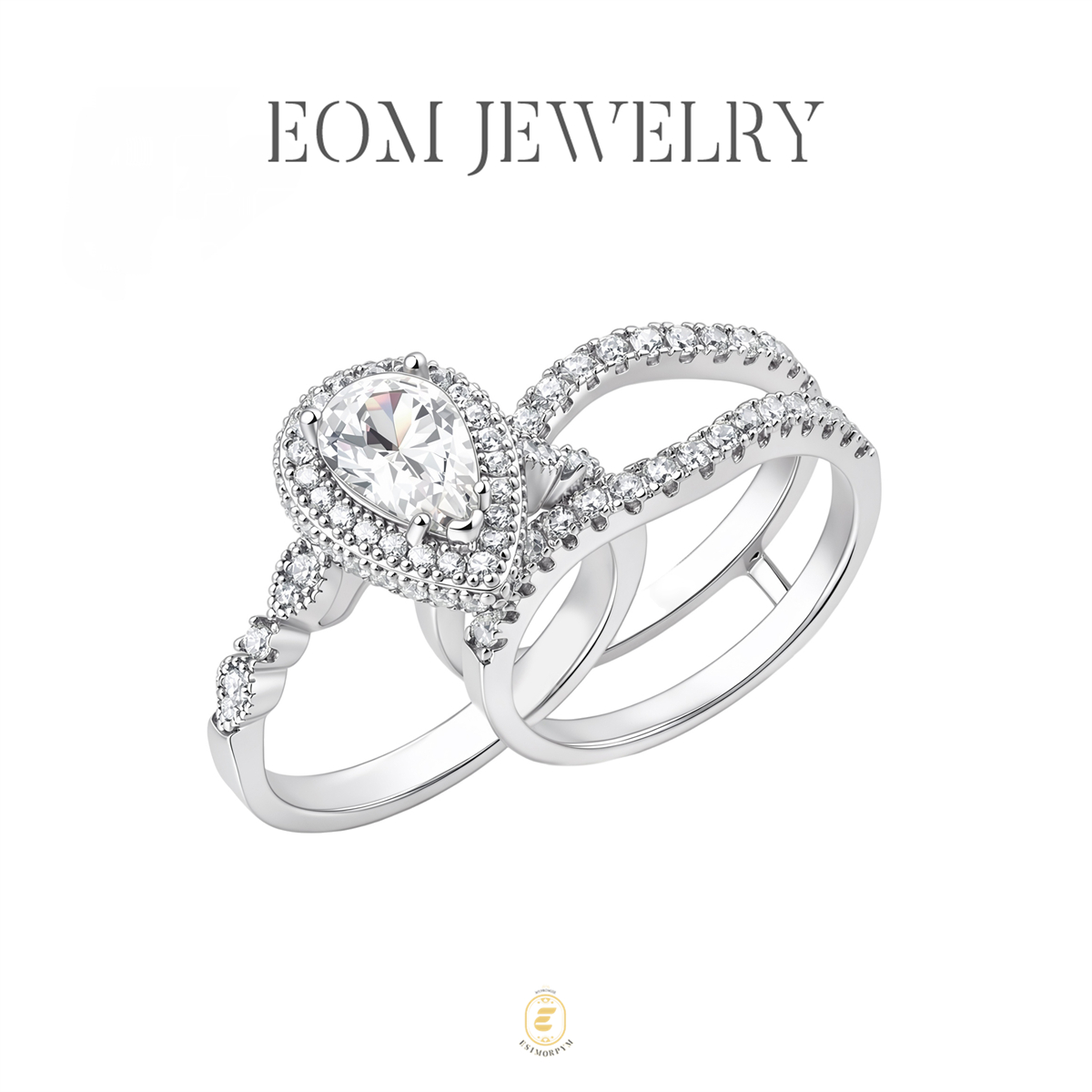 Moissanite 1.8ct-3.6ct Complete Love Pear Crown Bridal Ring Detachable Ring Set