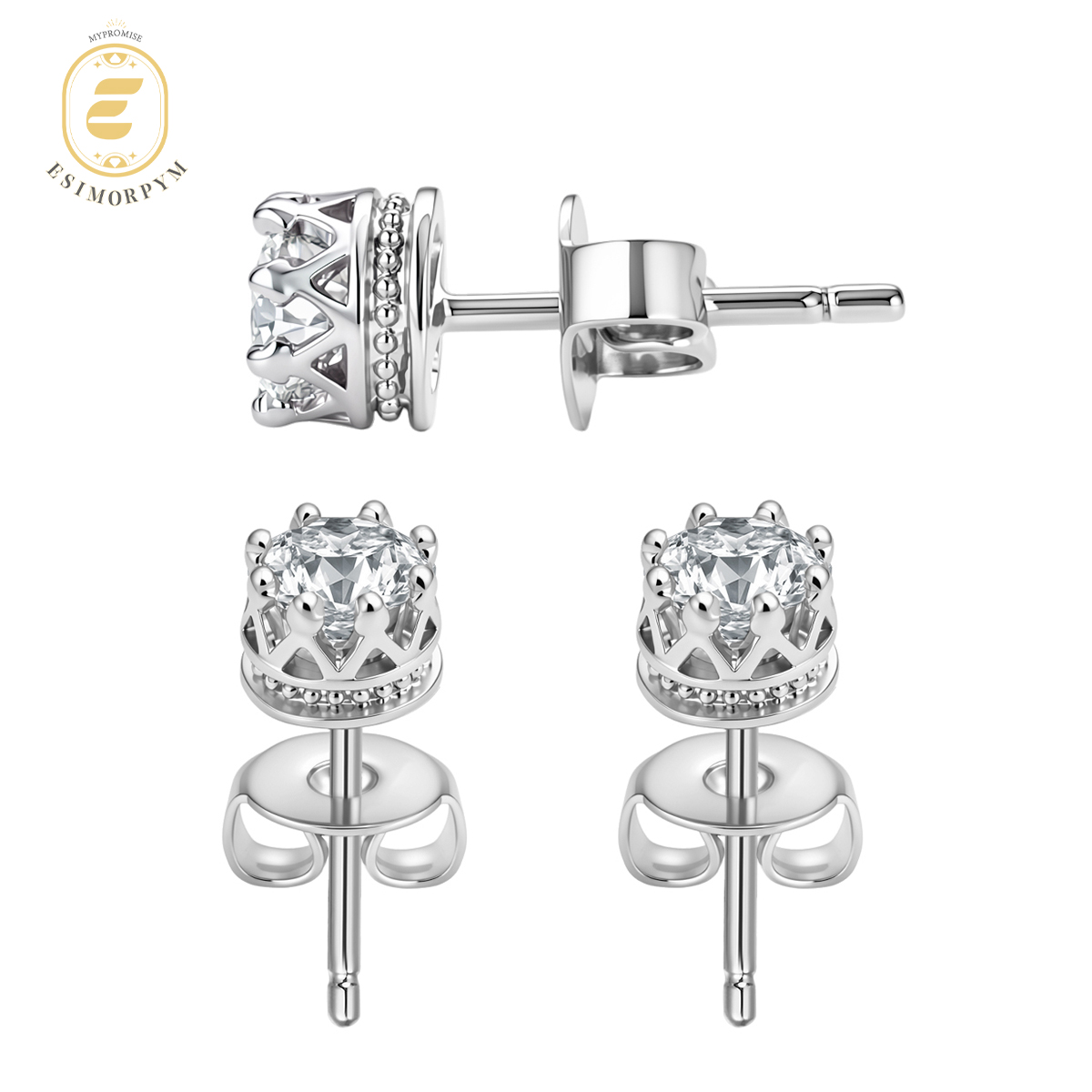 Moissanite Radiant Crown Solitaire Stud Earrings