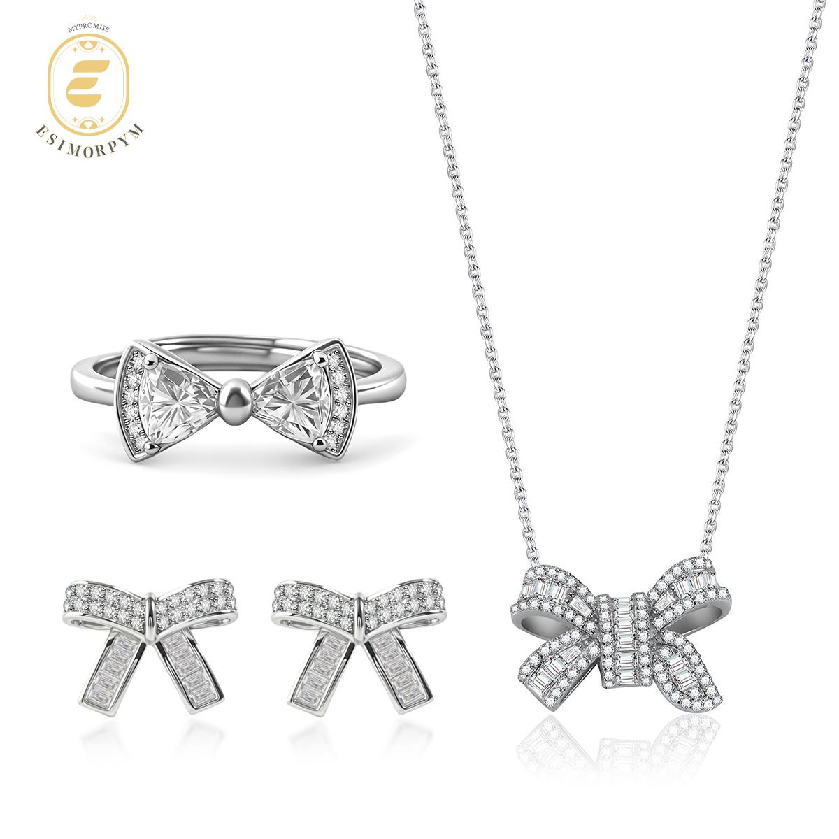 Moissanite Sweet Bow Jewelry Set Stud Earrings Necklace Ring Set