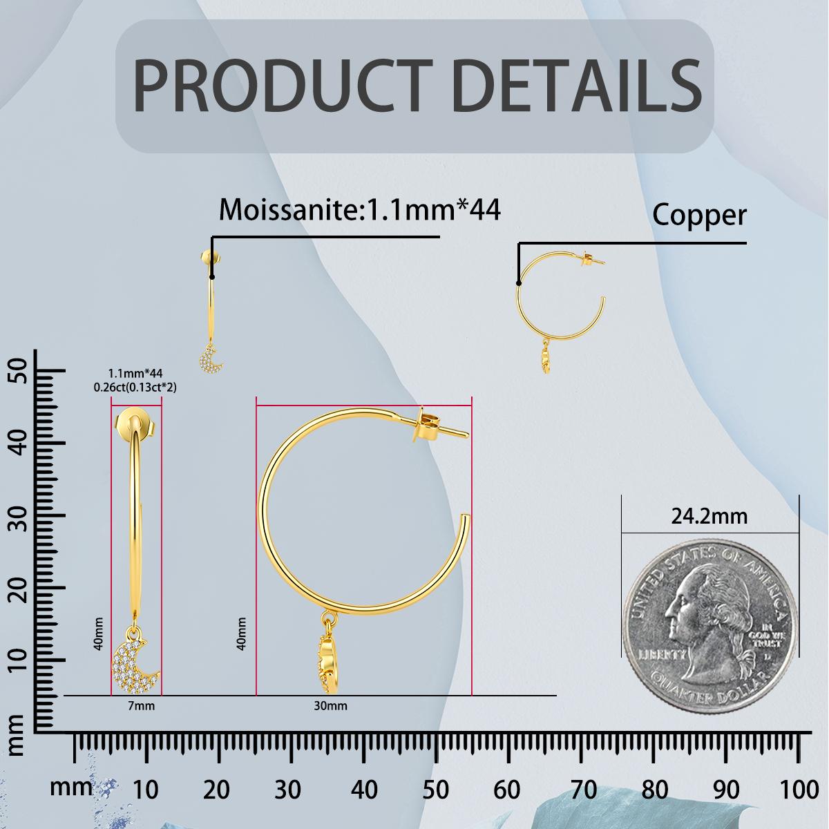 Moissanite Moon Charm Hoop Earrings