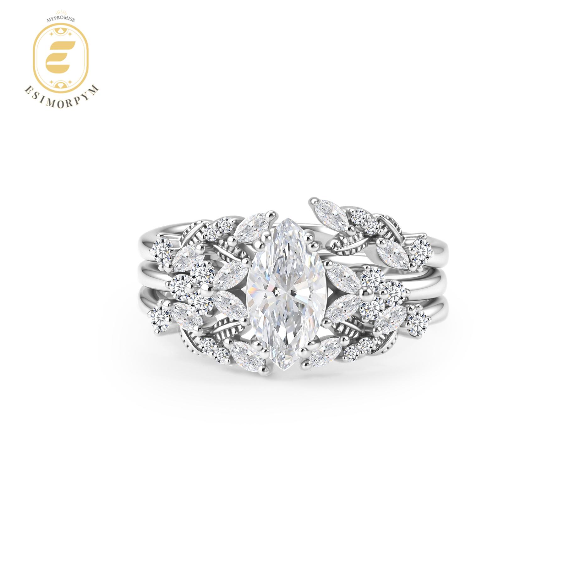 Moissanite 1.6ct Forest Hymn Ring Vintage Moss Agate Band Stackable Ring Cluster Bridal Ring Set