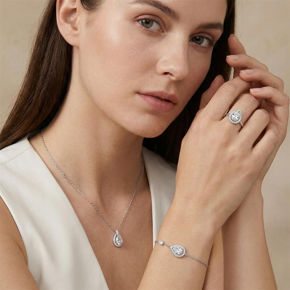 Moissanite Luminous Drop Halo Jewelry Set Elegant Pear Cut Ring Necklace Bracelet Trio Set