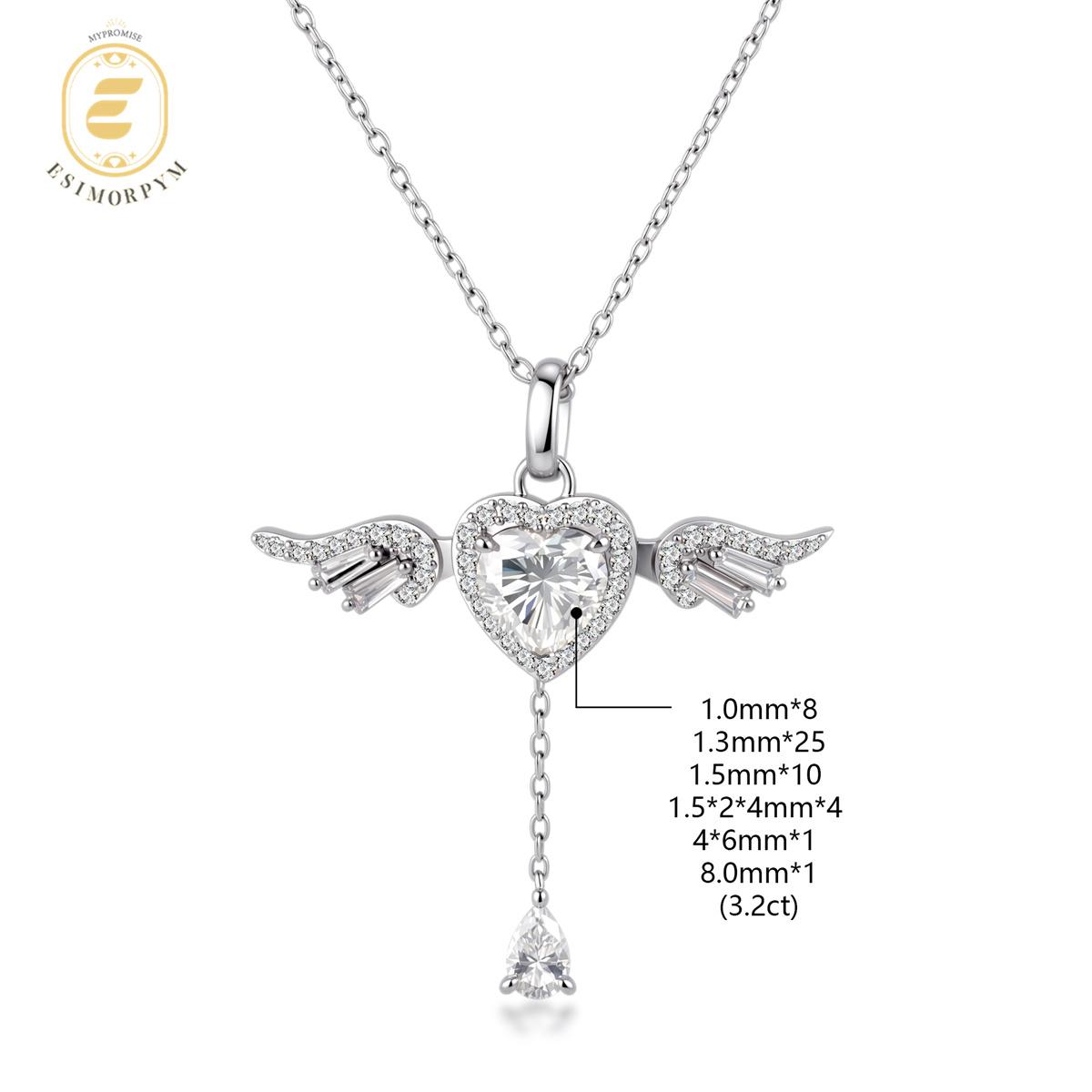 Moissanite 3.2ct Angel Wing Heart Pendant Necklace