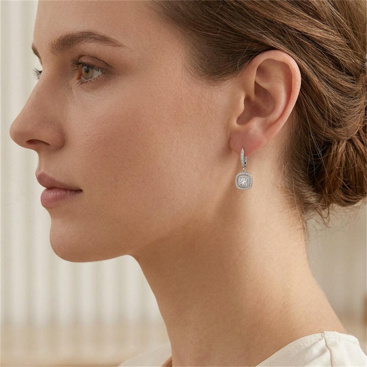 Moissanite Shimmering Square Halo Drop Earrings