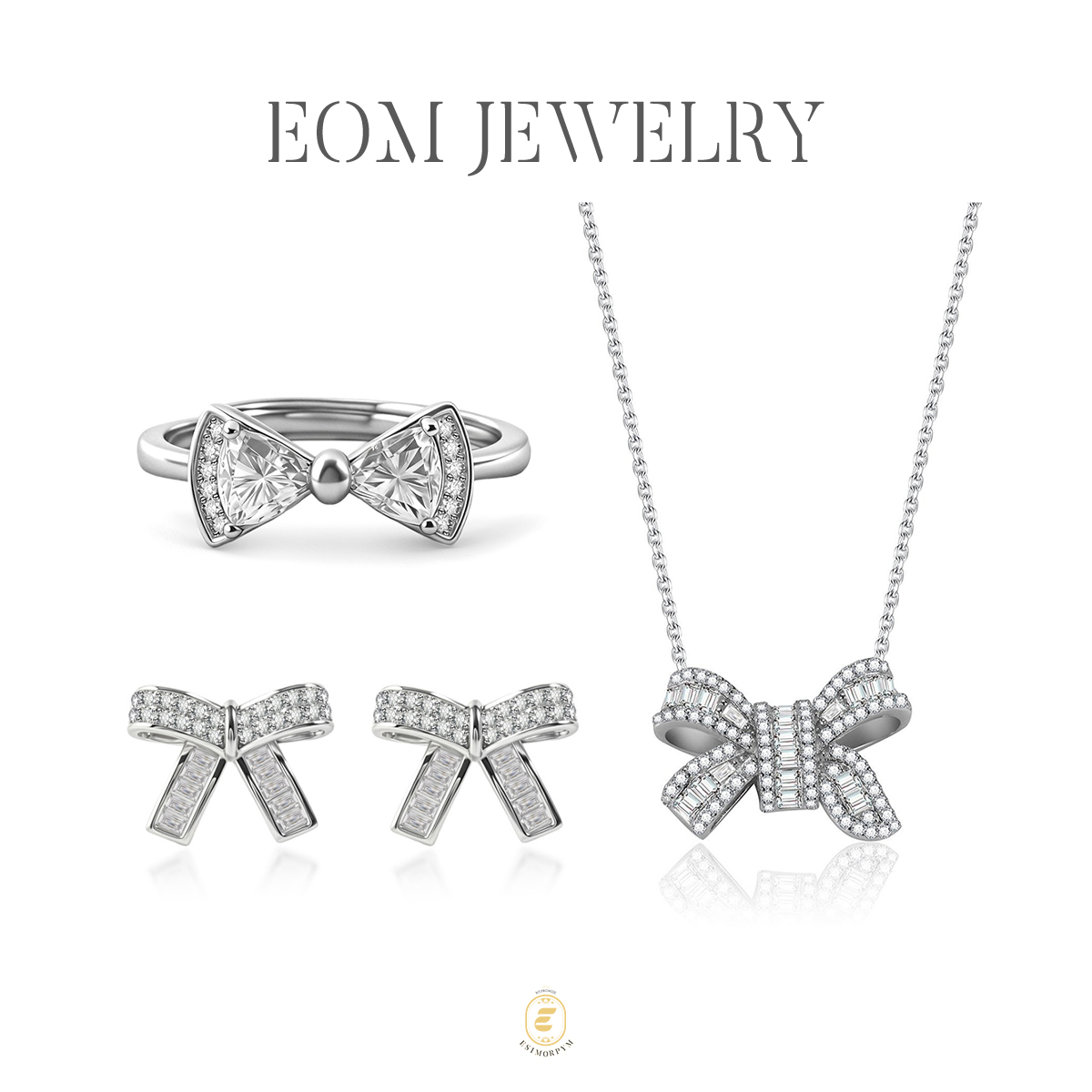 Moissanite Sweet Bow Jewelry Set Stud Earrings Necklace Ring Set