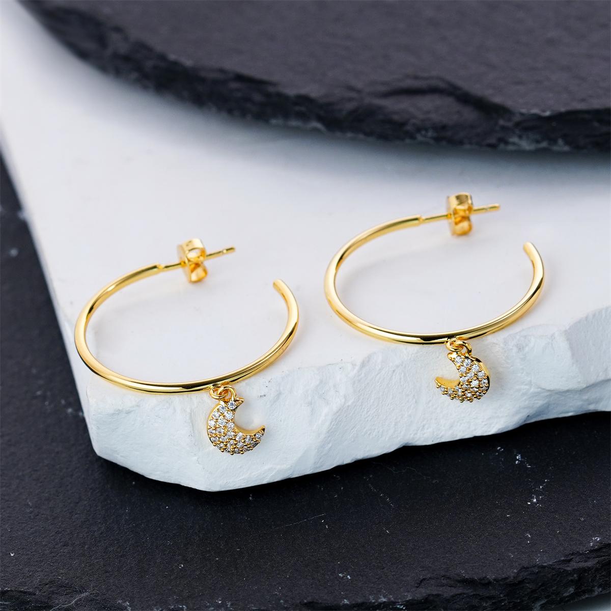 Moissanite Moon Charm Hoop Earrings