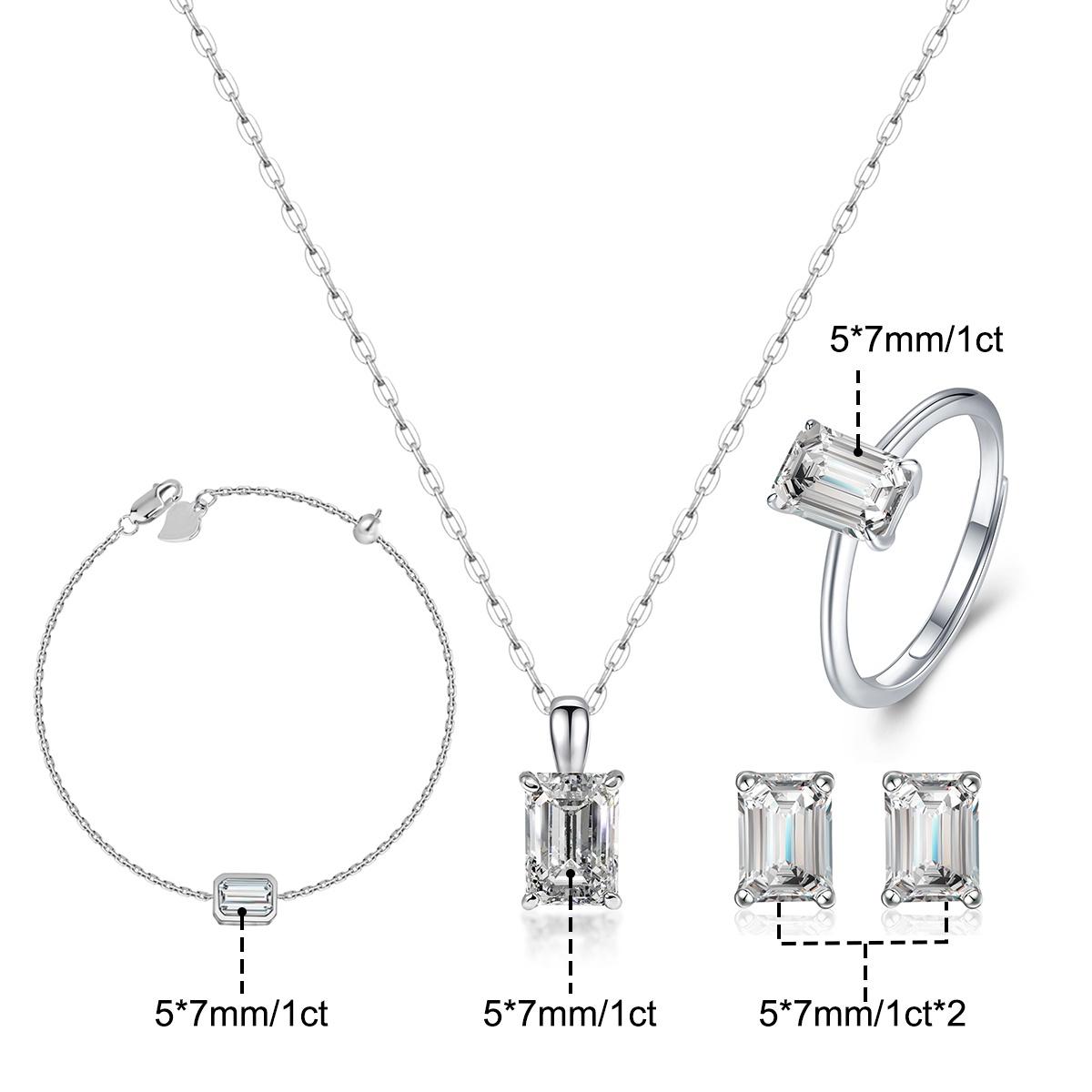 Moissanite 1ct Solitaire Step Cut Jewelry Set Earrings Ring Necklace Bracelet Set