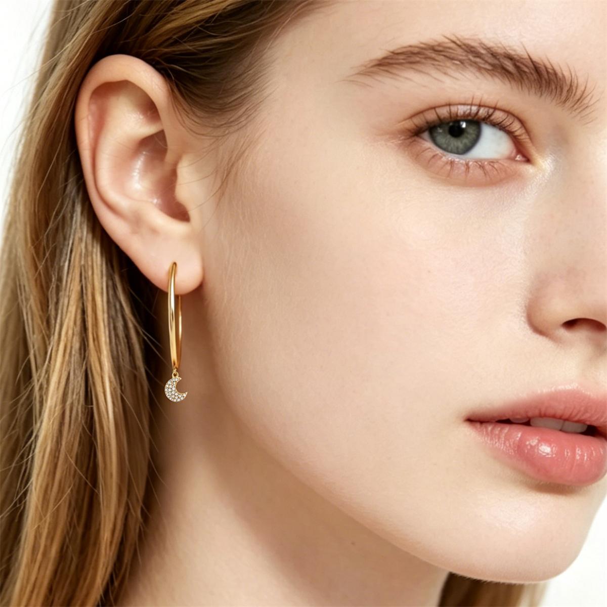Moissanite Moon Charm Hoop Earrings