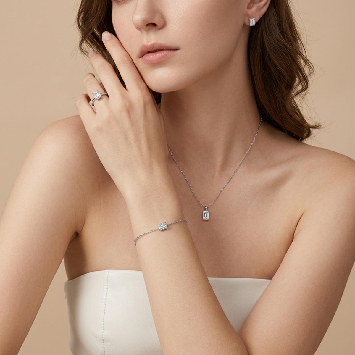 Moissanite 1ct Solitaire Step Cut Jewelry Set Earrings Ring Necklace Bracelet Set