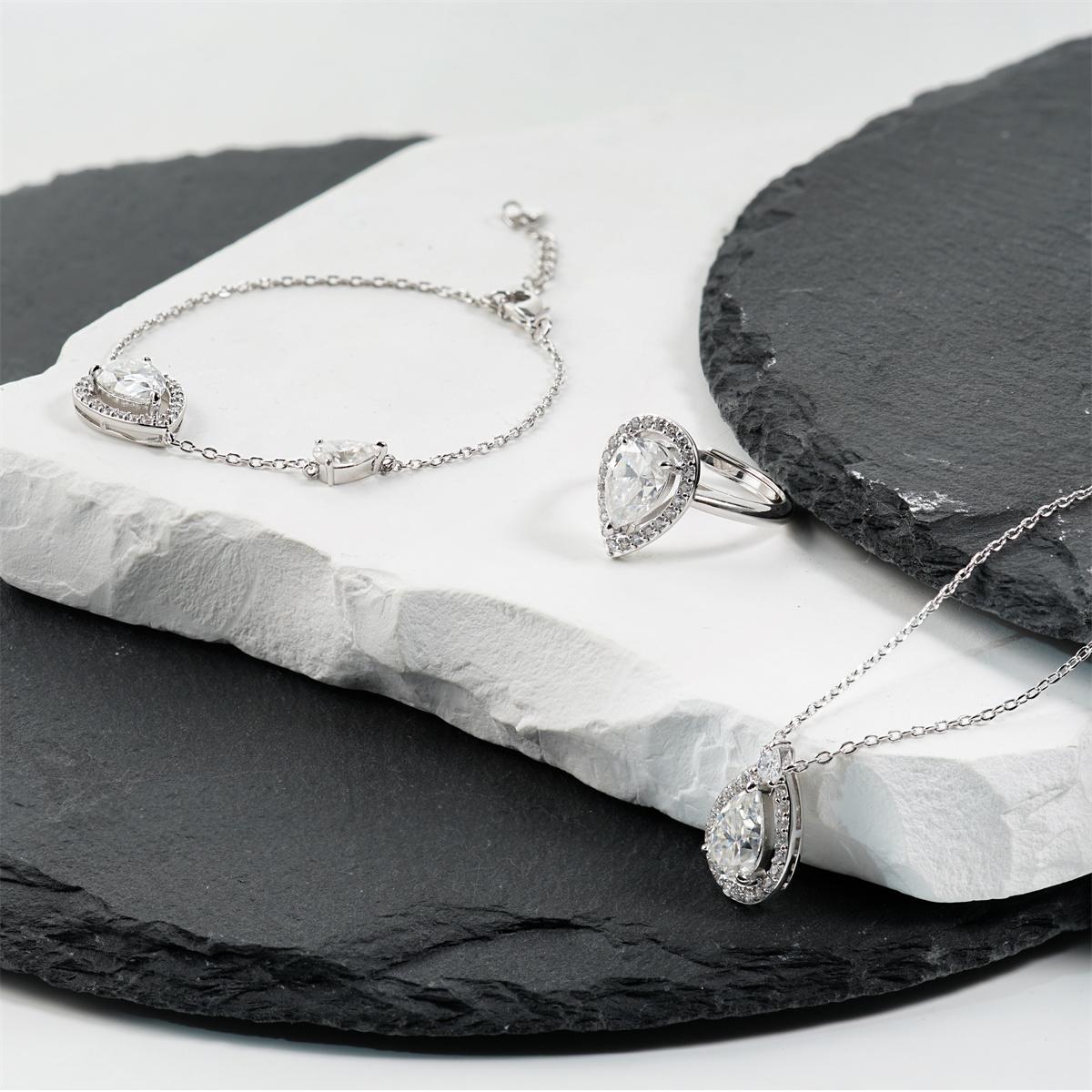 Moissanite Luminous Drop Halo Jewelry Set Elegant Pear Cut Ring Necklace Bracelet Trio Set