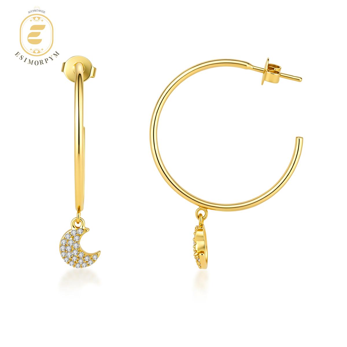 Moissanite Moon Charm Hoop Earrings