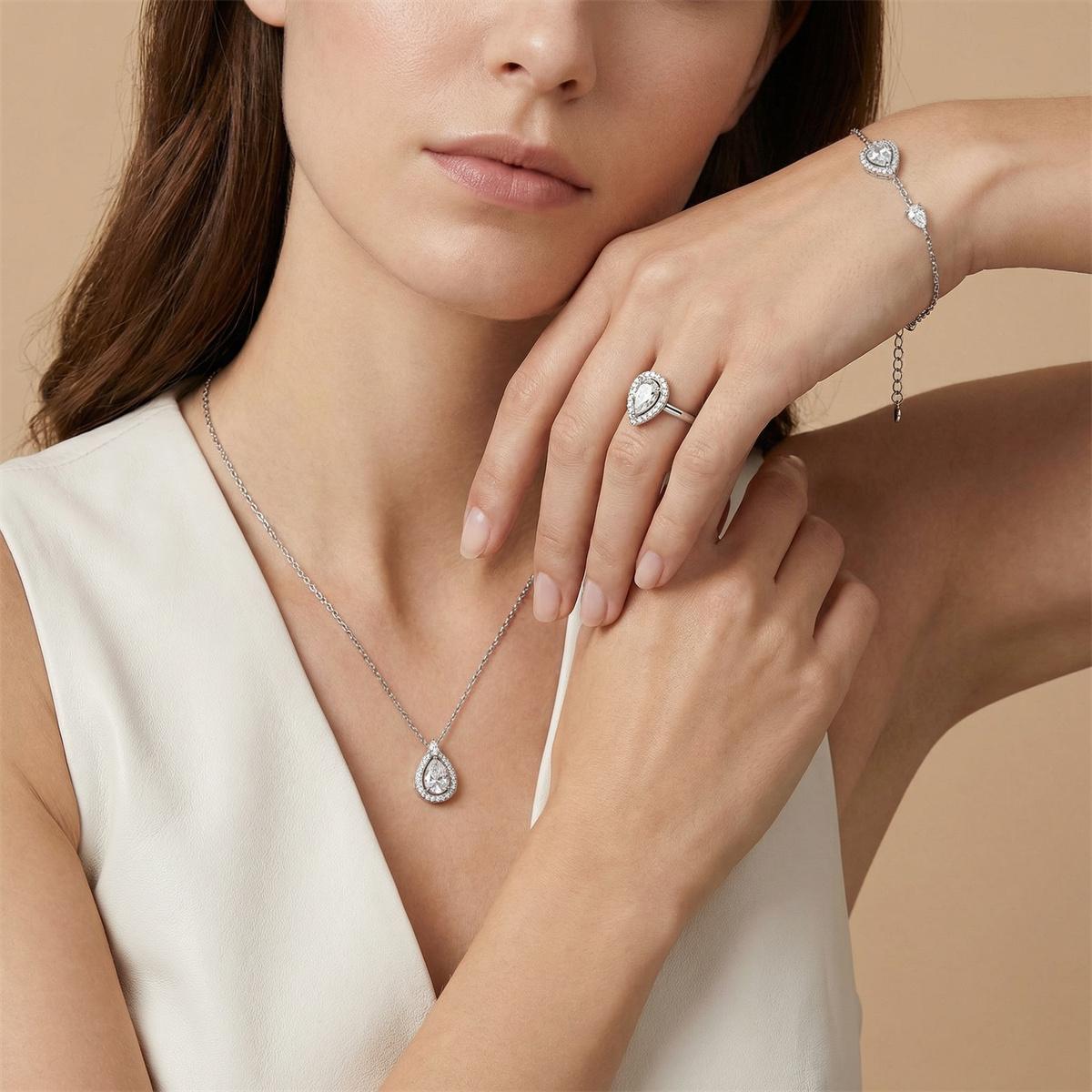 Moissanite Luminous Drop Halo Jewelry Set Elegant Pear Cut Ring Necklace Bracelet Trio Set