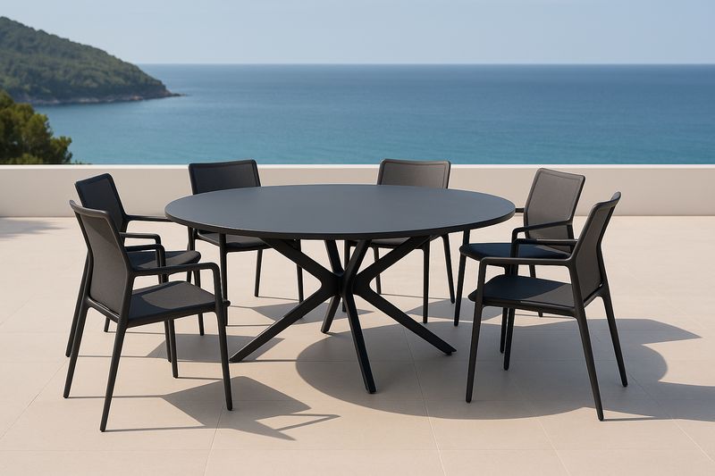 Set da Pranzo Rotondo in Alluminio Nero con 6 Sedie