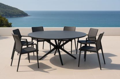Set da Pranzo Rotondo in Alluminio Nero con 6 Sedie