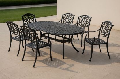 Set da Giardino in Alluminio con Tavolo Ovale e 6 Sedie Nero