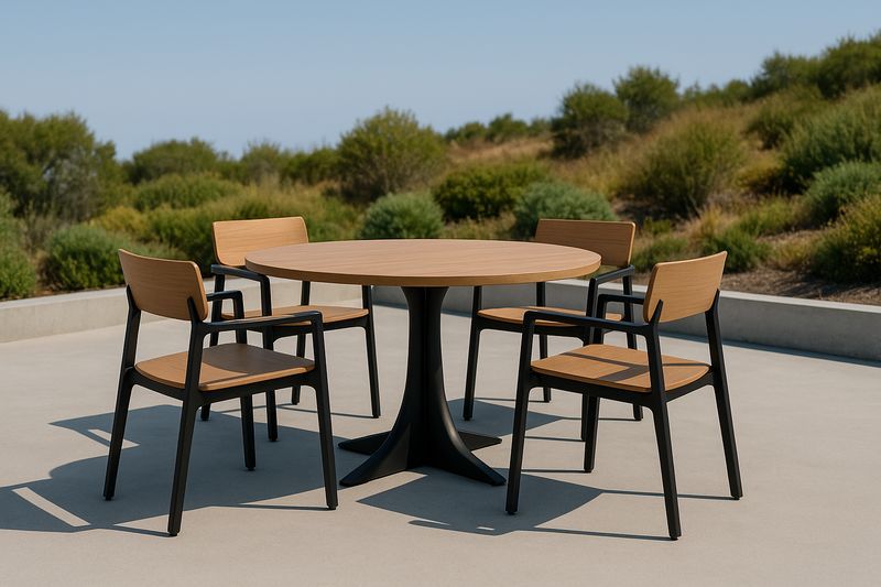 Set da Giardino Rotondo in Legno e Metallo con Tavolo e 4 Sedie