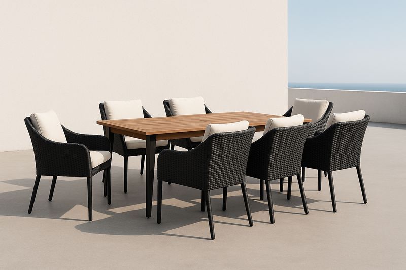 Set da Pranzo da Esterno in Rattan Sintetico Nero con Tavolo in Legno Teak e 7 Sedie con Cuscini Beige
