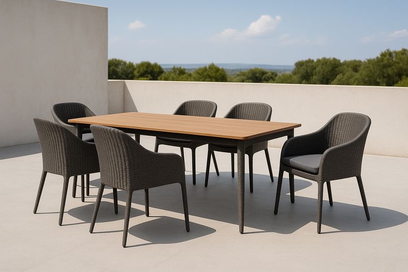 Set tavolo rettangolare in legno e sedie in rattan per esterni 6 posti