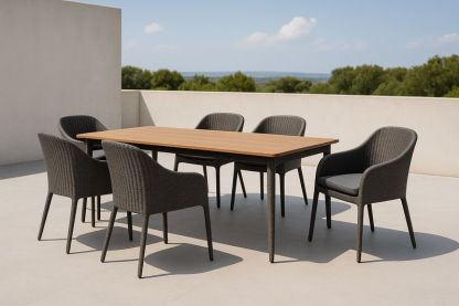 Set tavolo rettangolare in legno e sedie in rattan per esterni 6 posti