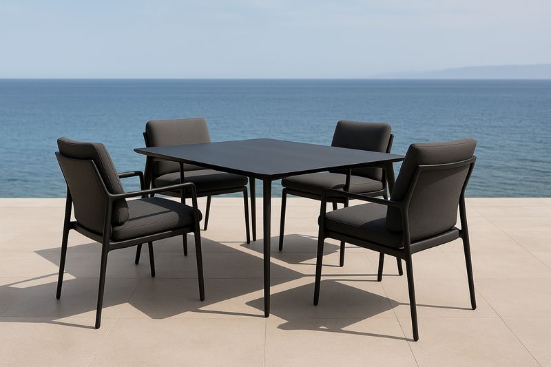 Set da pranzo quadrato in metallo nero con 4 sedie imbottite per esterni