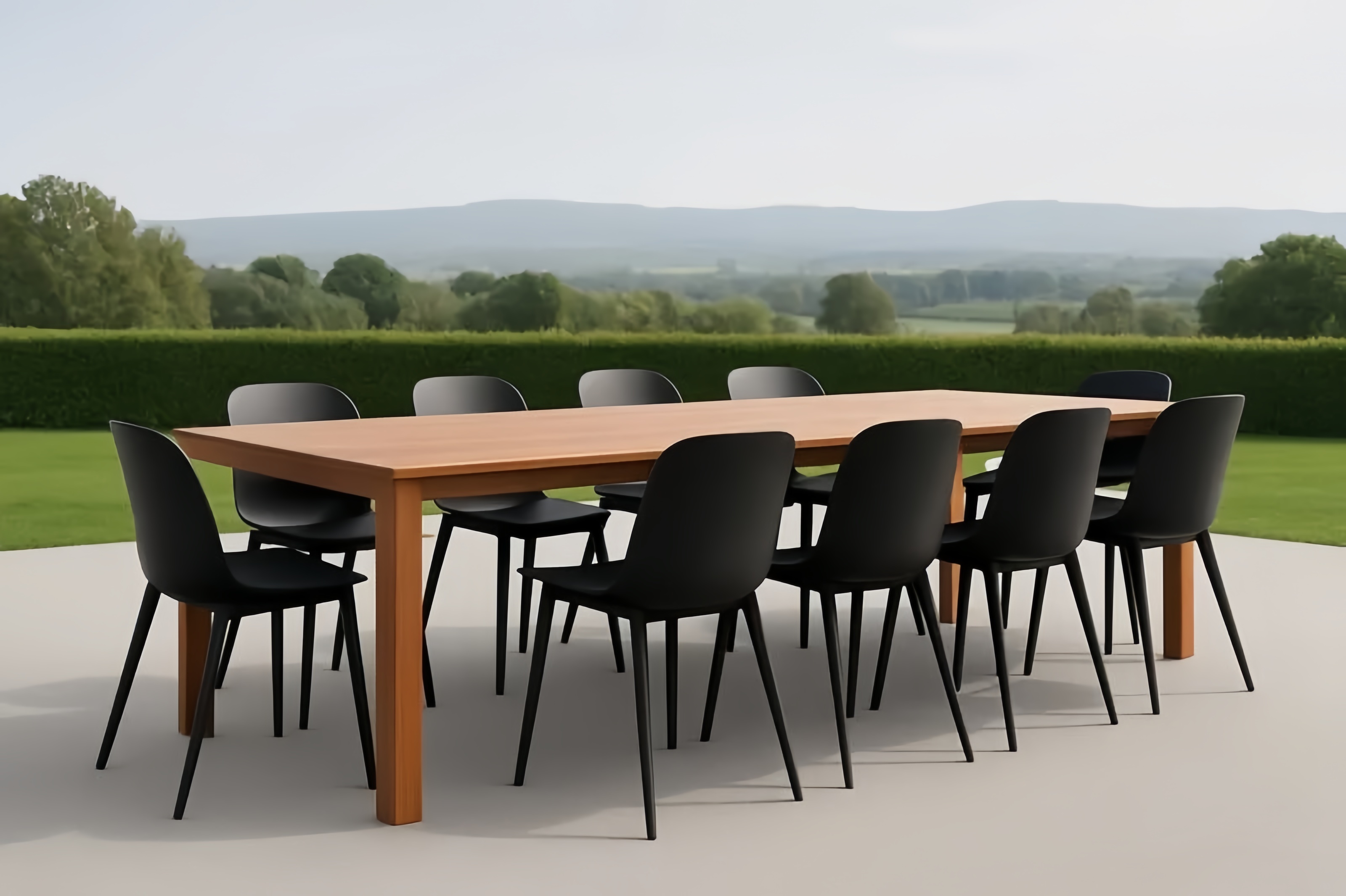 Set tavolo rettangolare in legno + 10 sedie in plastica per esterno