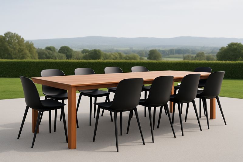 Set tavolo rettangolare in legno + 10 sedie in plastica per esterno