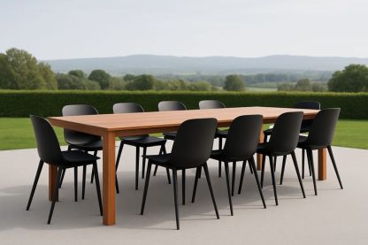 Set tavolo rettangolare in legno + 10 sedie in plastica per esterno