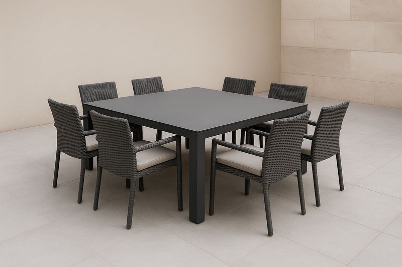 Set Tavolo Quadrato in Alluminio con 8 Sedie in Rattan Grigio Scuro