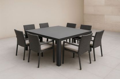 Set Tavolo Quadrato in Alluminio con 8 Sedie in Rattan Grigio Scuro
