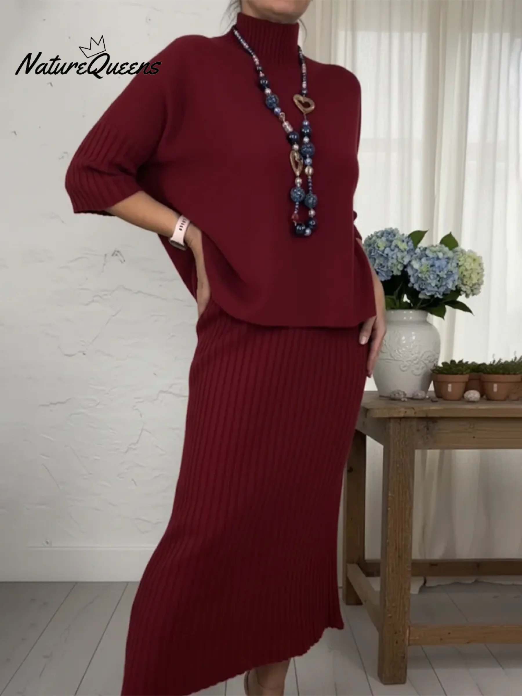 Elegant Knitted Turtleneck Sweater And Skirt Two-piece Set