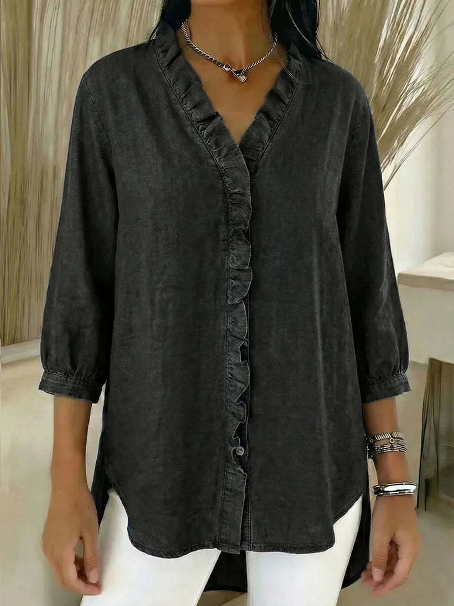 Women's Casual Denim V-Neck Ruffled Shirt