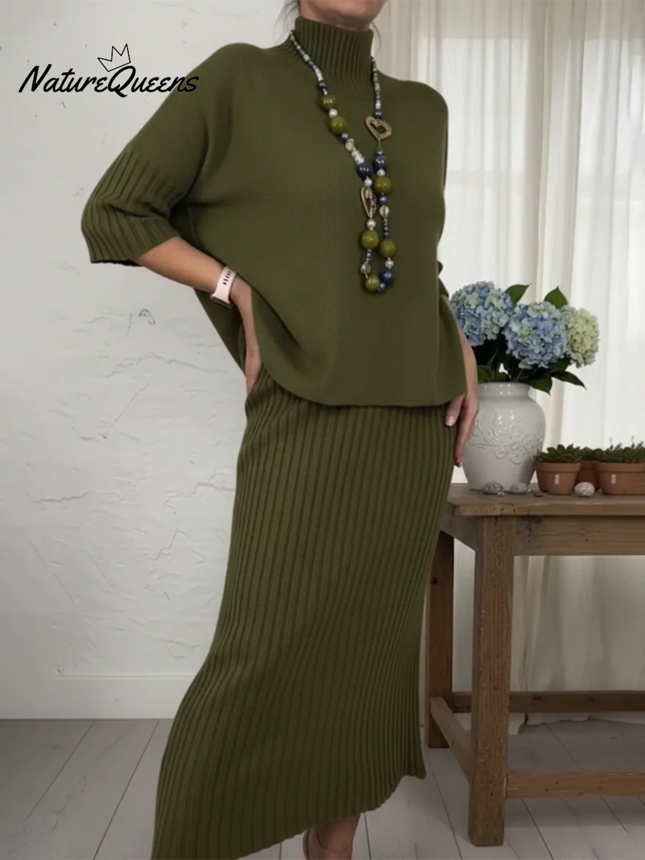 Elegant Knitted Turtleneck Sweater And Skirt Two-piece Set