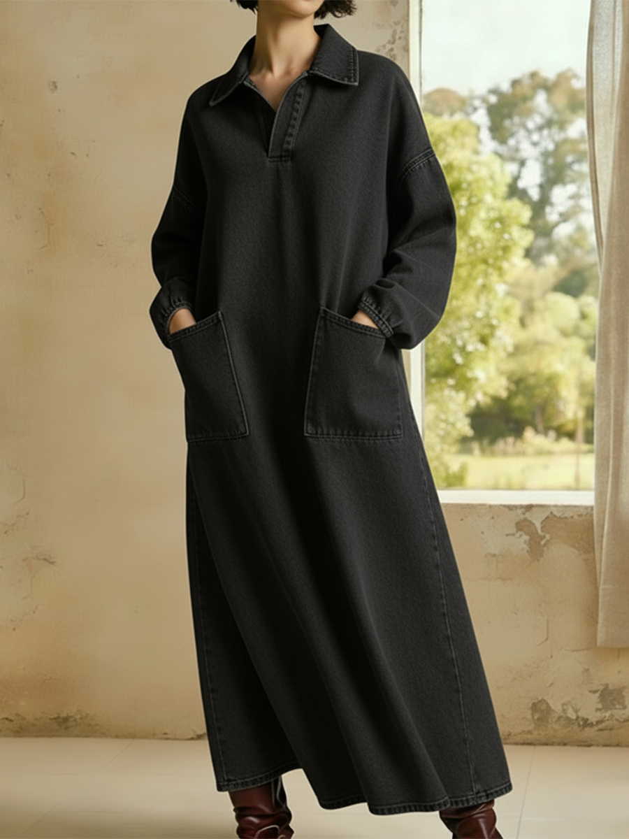 Casual Polo-neck Denim Dress