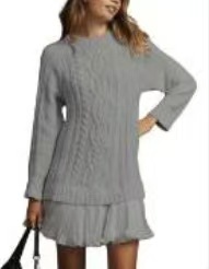 Women Cable Knit Sweater Dress Crewneck Long Sleeve Pleated Mini Dress Twofer Style Patchwork Dress