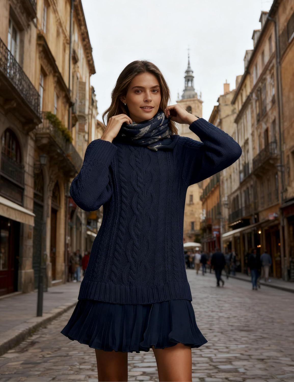 Women Cable Knit Sweater Dress Crewneck Long Sleeve Pleated Mini Dress Twofer Style Patchwork Dress