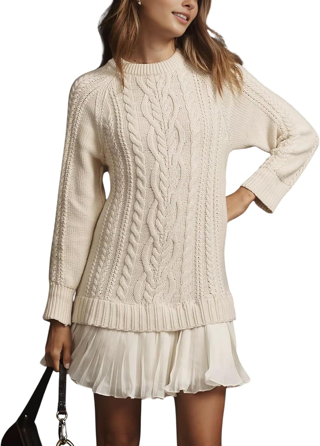 Women Cable Knit Sweater Dress Crewneck Long Sleeve Pleated Mini Dress Twofer Style Patchwork Dress