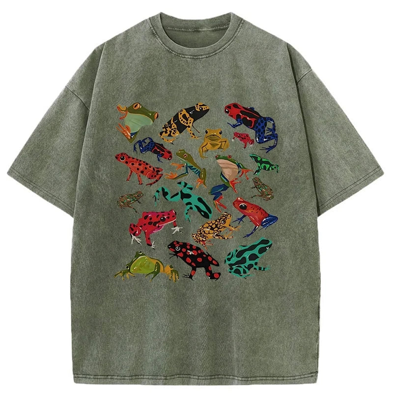 Colorful Frogs Of Various Shapes Washed T-Shirt