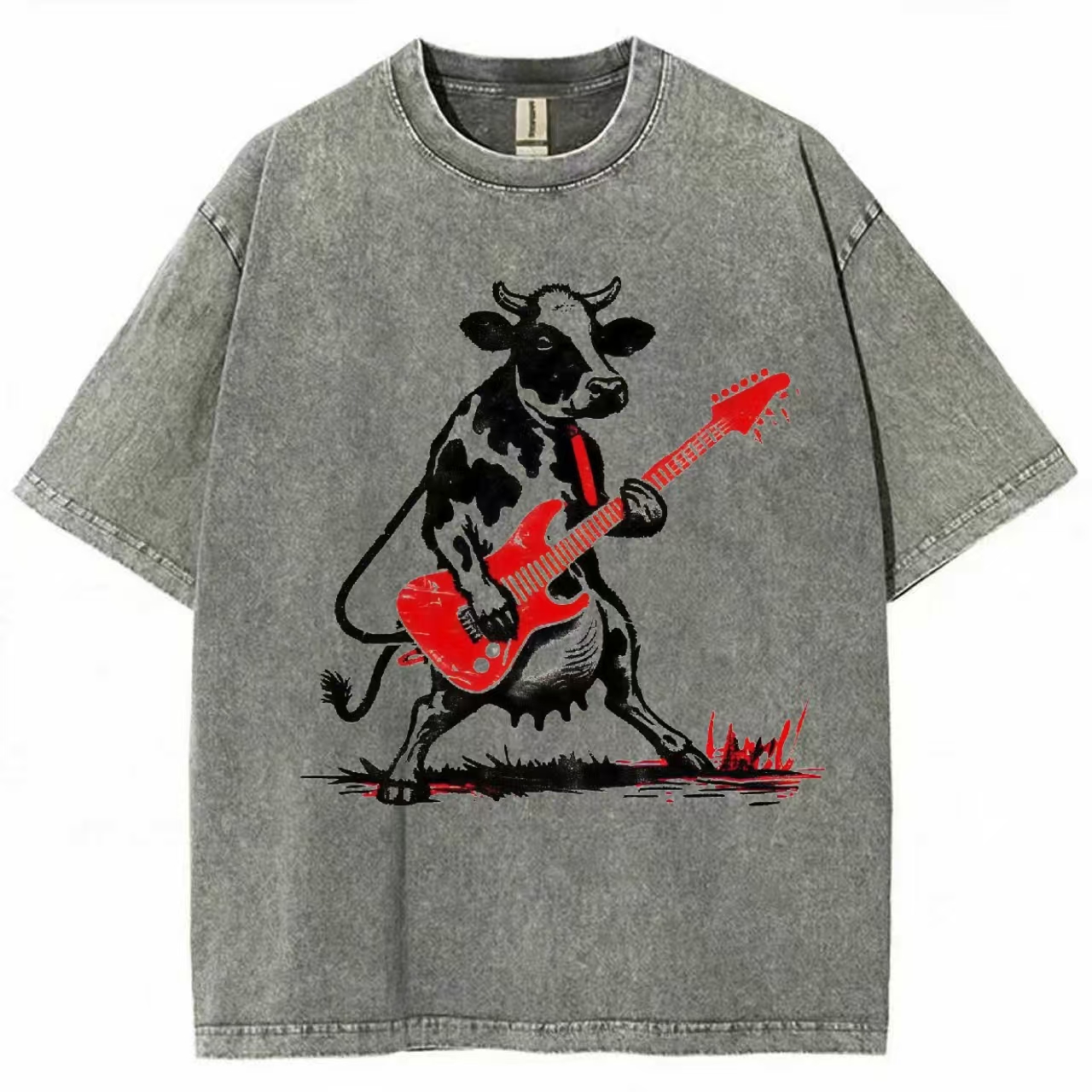 Cow Playing Red Electric Guitar Washed T-Shirt