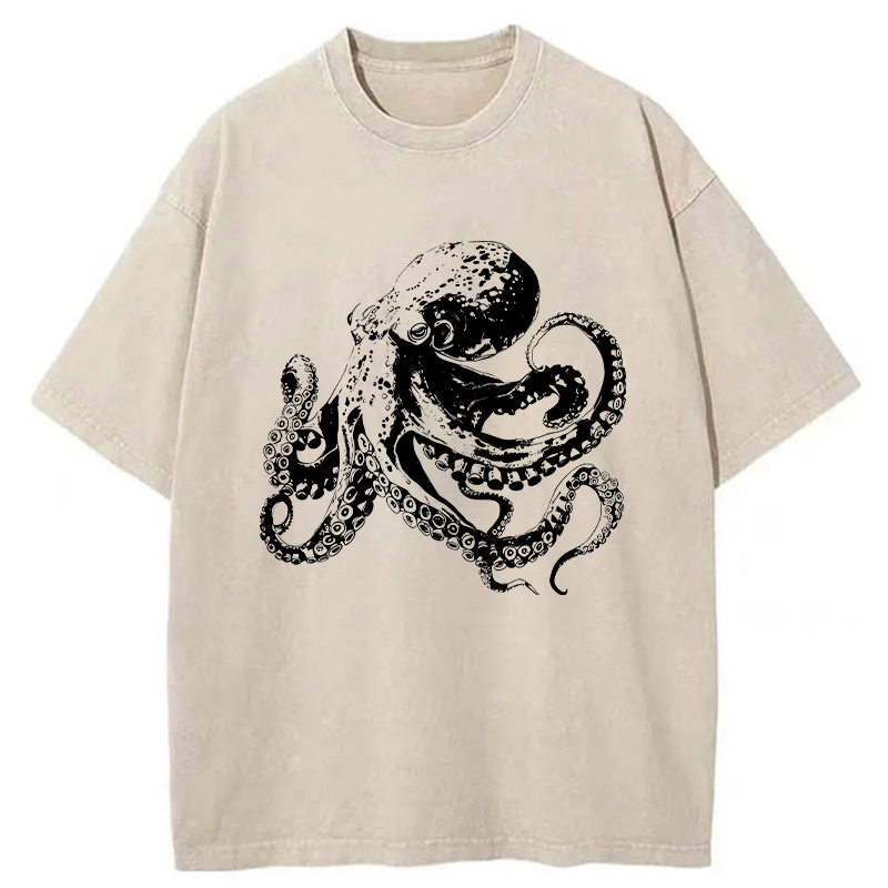 Woodcut Octopus Japan Washed T-Shirt