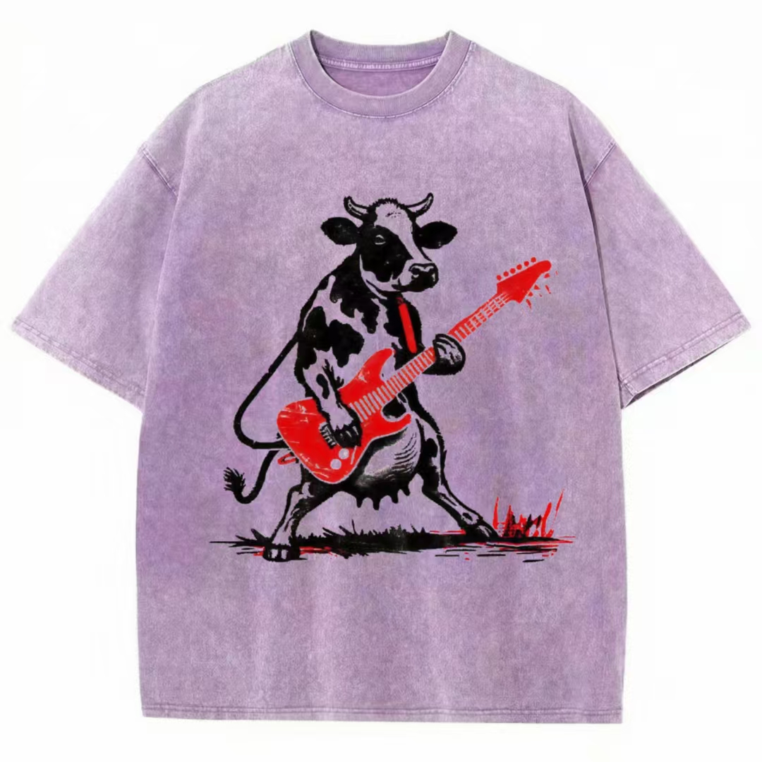 Cow Playing Red Electric Guitar Washed T-Shirt