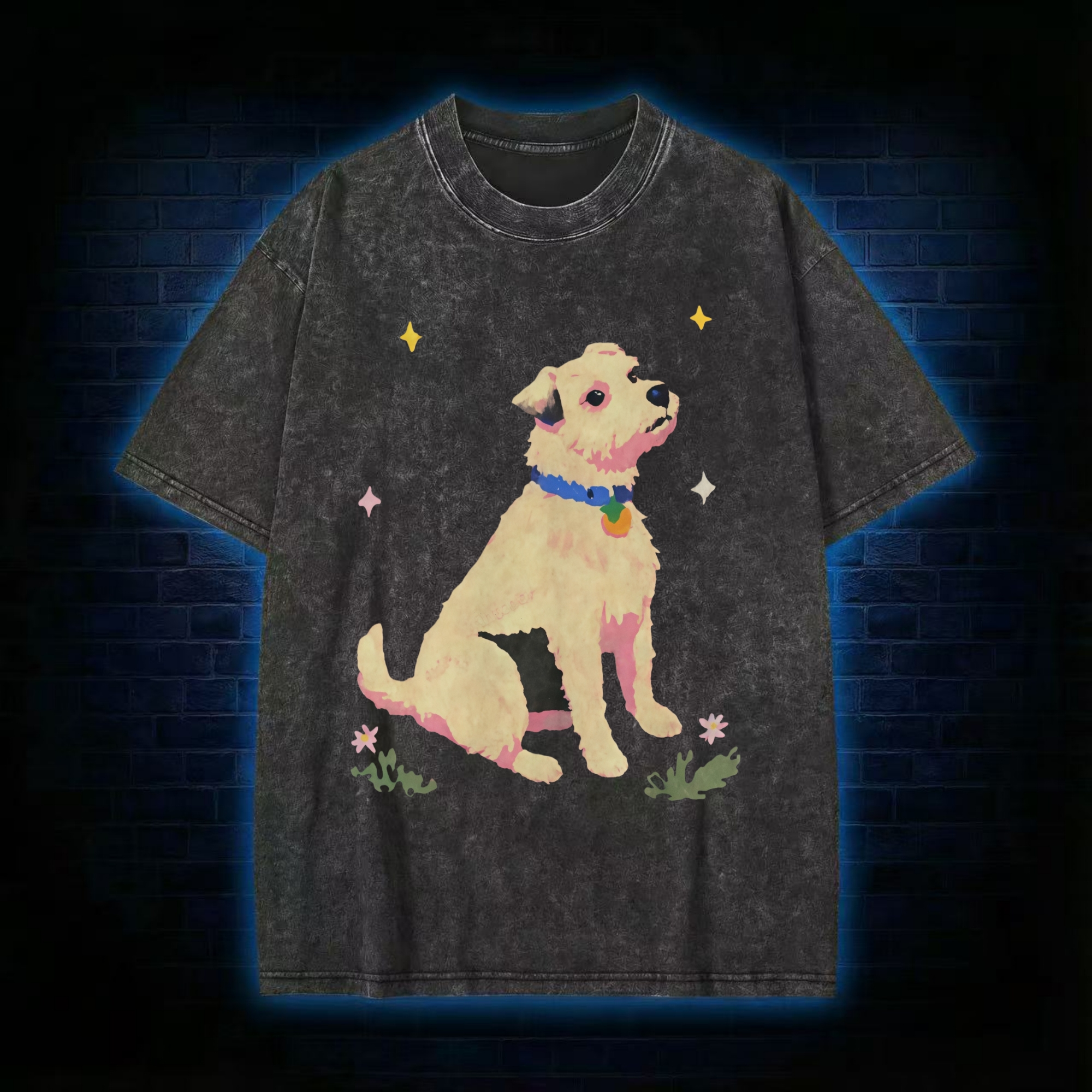 Cute Dog And Star Flower Washed T-shirt
