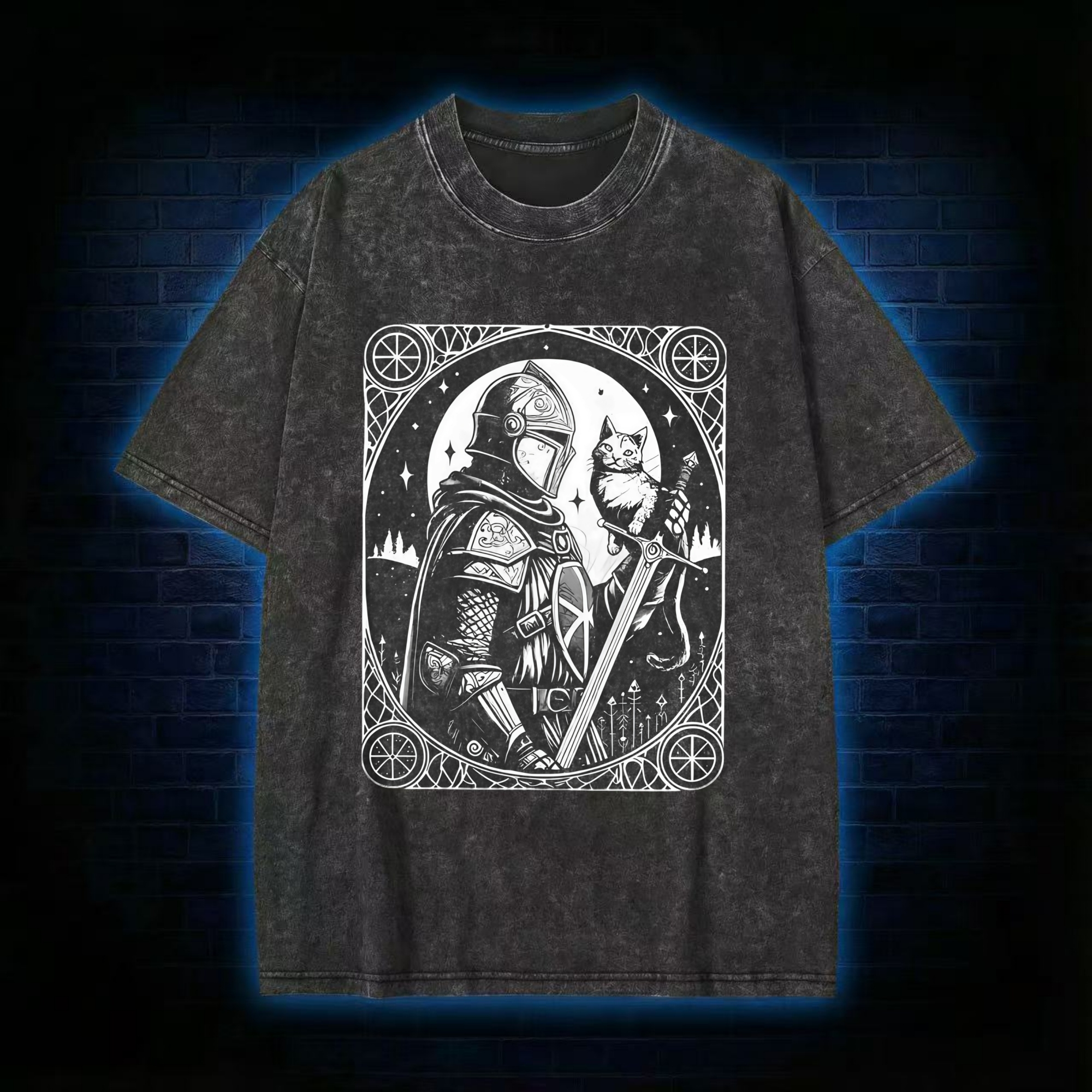 Knight Holding Cat Medieval Washed T-shirt