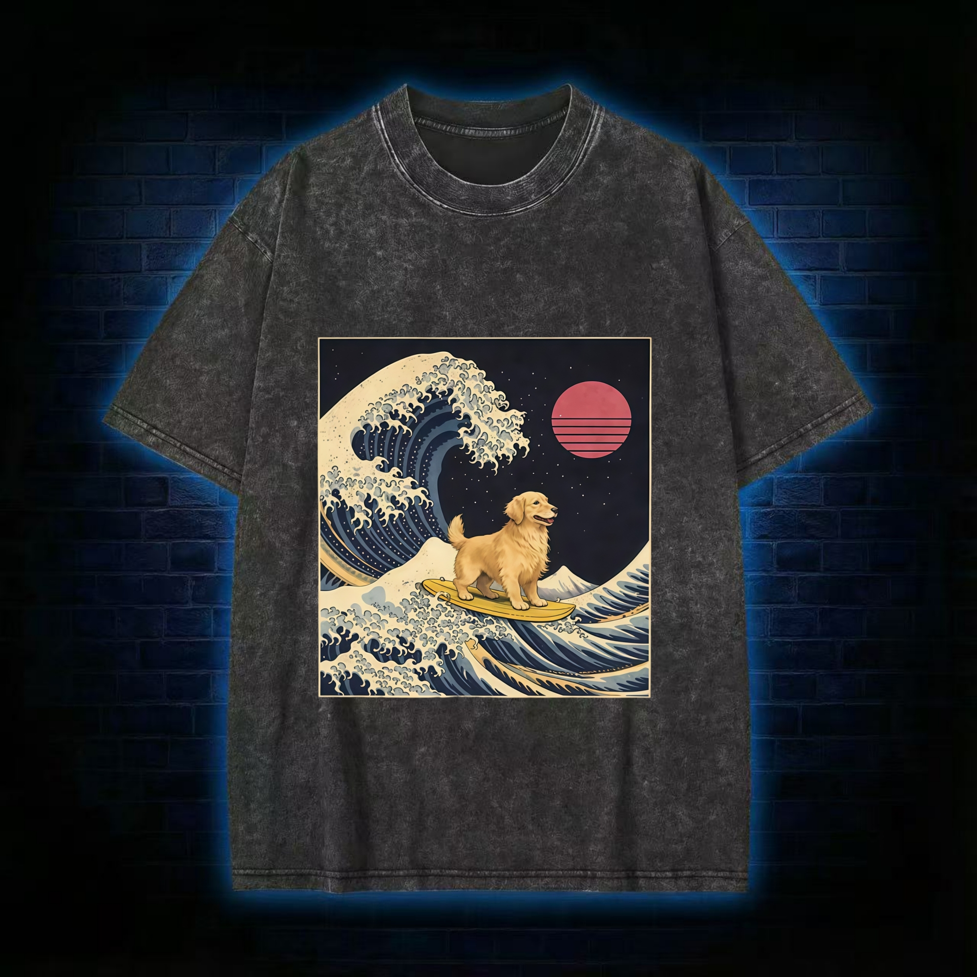 The Great Wave Dog Funny Washed T-Shirt