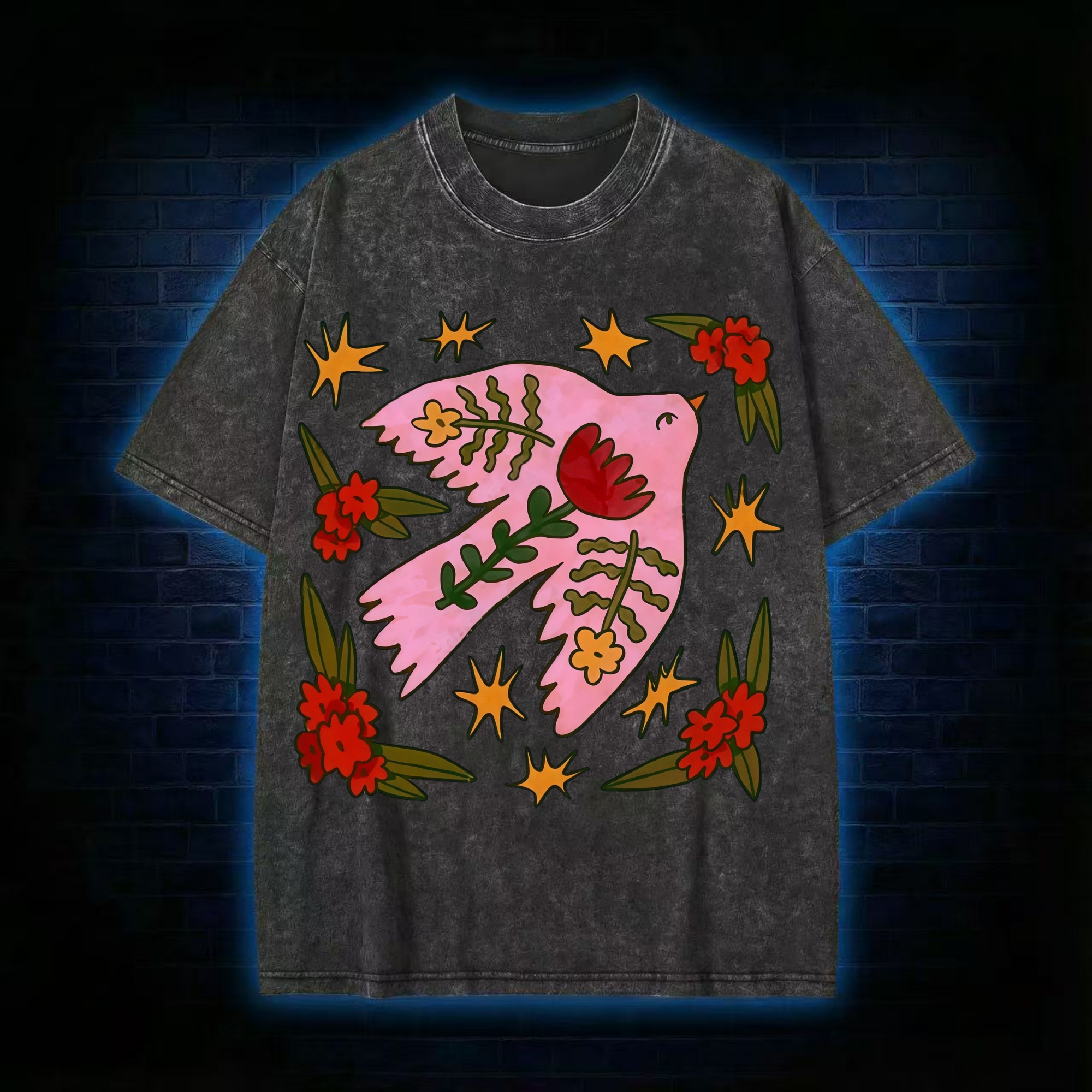 Pink Bird Flower Star Painting Washed T-shirt