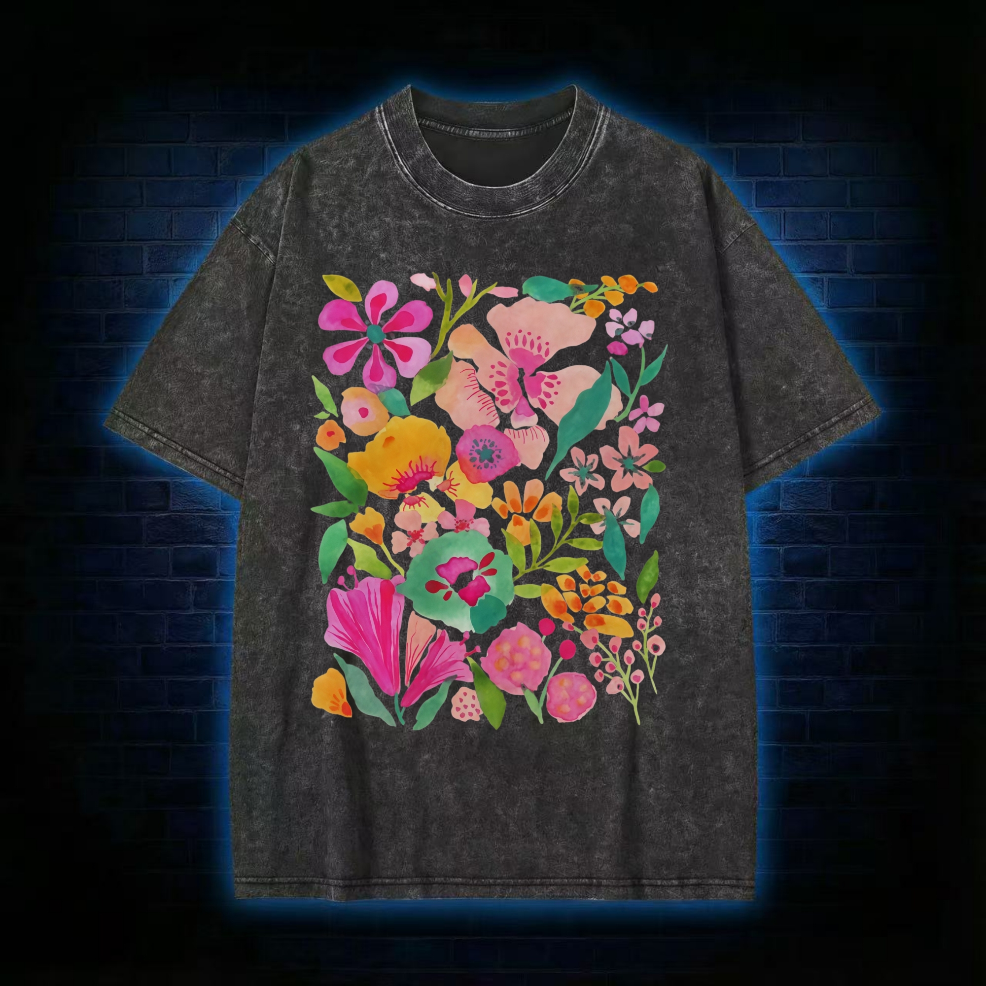 Retro Colorful Floral Clusters Washed T-shirt