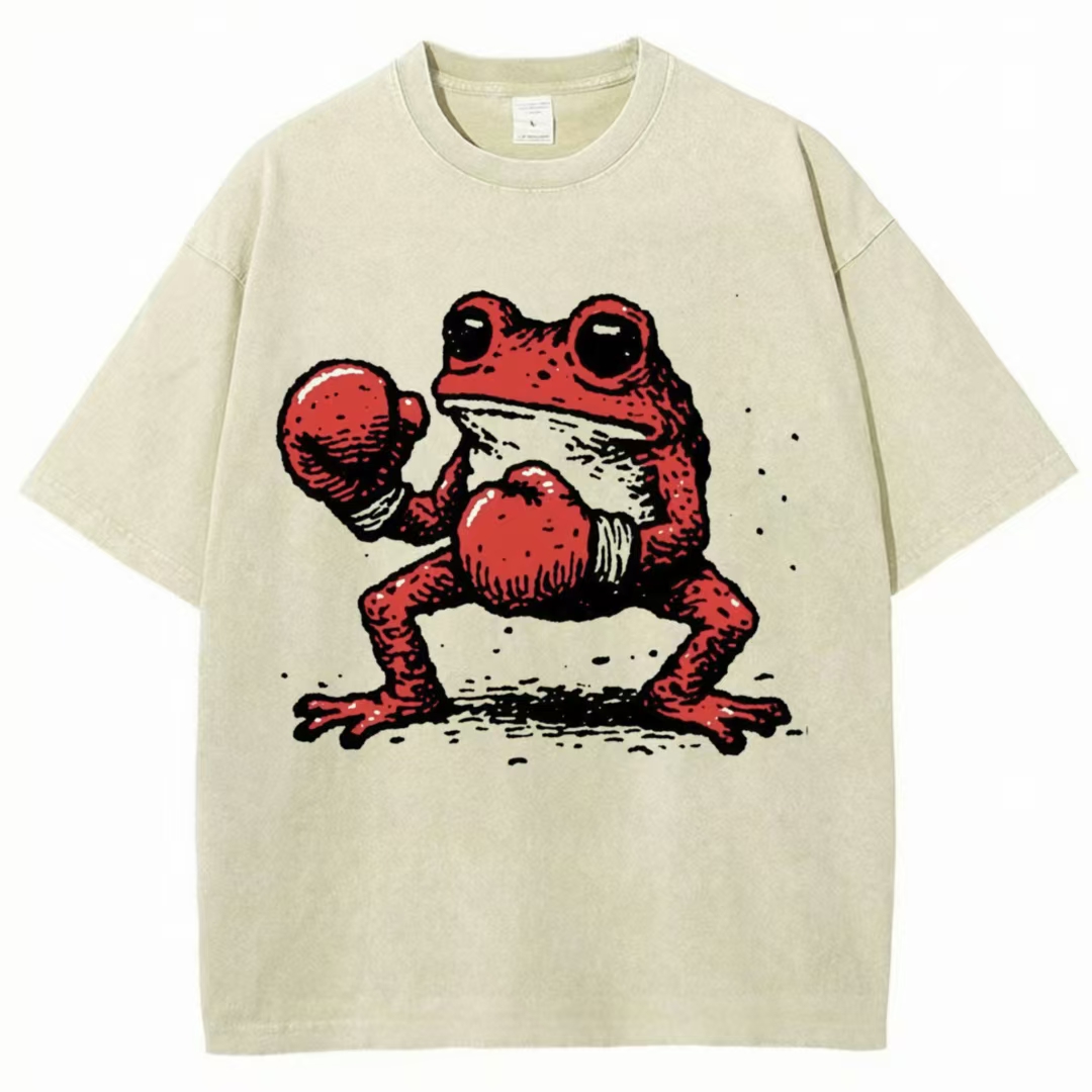 Red Boxing Frog Retro Art Washed T-Shirt